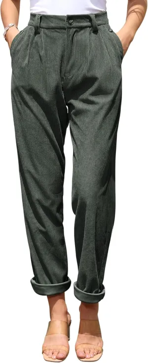 siliteelon Corduroy Pants for Women Cotton Straight High Waist Vintage Trousers with Pockets