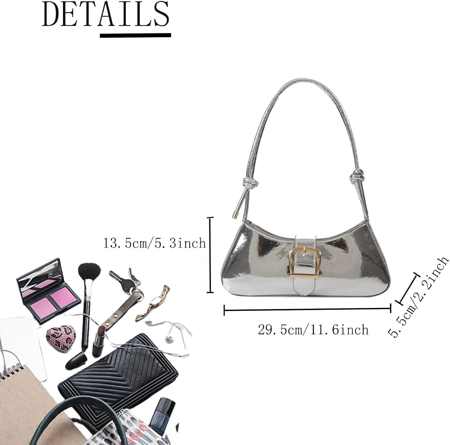 Silver Bag Evening Clutch Bag Sparkly Satchel Patent Leather Y2K Handbag Crossbody Metallic Purses for Party.