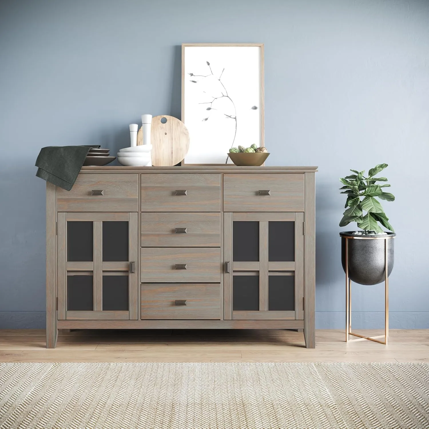 SIMPLIHOME Artisan Buffet - 54 inch Wide Solid Wood 3-Door Sideboard Buffet in Distressed Grey, Transitional Storage Cabinet for Dining Room or Kitchen with Adjustable Shelves and Bronze Hardware