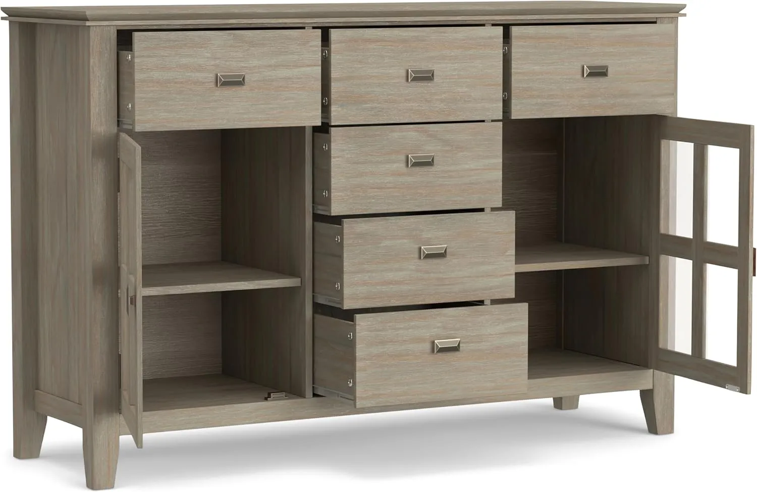 SIMPLIHOME Artisan Buffet - 54 inch Wide Solid Wood 3-Door Sideboard Buffet in Distressed Grey, Transitional Storage Cabinet for Dining Room or Kitchen with Adjustable Shelves and Bronze Hardware