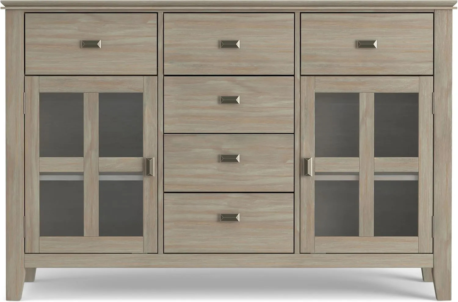 SIMPLIHOME Artisan Buffet - 54 inch Wide Solid Wood 3-Door Sideboard Buffet in Distressed Grey, Transitional Storage Cabinet for Dining Room or Kitchen with Adjustable Shelves and Bronze Hardware