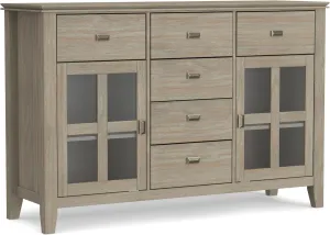SIMPLIHOME Artisan Buffet - 54 inch Wide Solid Wood 3-Door Sideboard Buffet in Distressed Grey, Transitional Storage Cabinet for Dining Room or Kitchen with Adjustable Shelves and Bronze Hardware