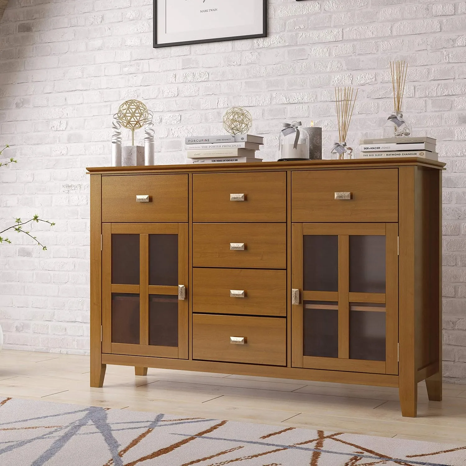 SIMPLIHOME Artisan Buffet - 54 inch Wide Solid Wood 3-Door Sideboard Buffet in Honey Brown, Transitional Storage Cabinet for Dining Room or Kitchen with Adjustable Shelves and Bronze Hardware