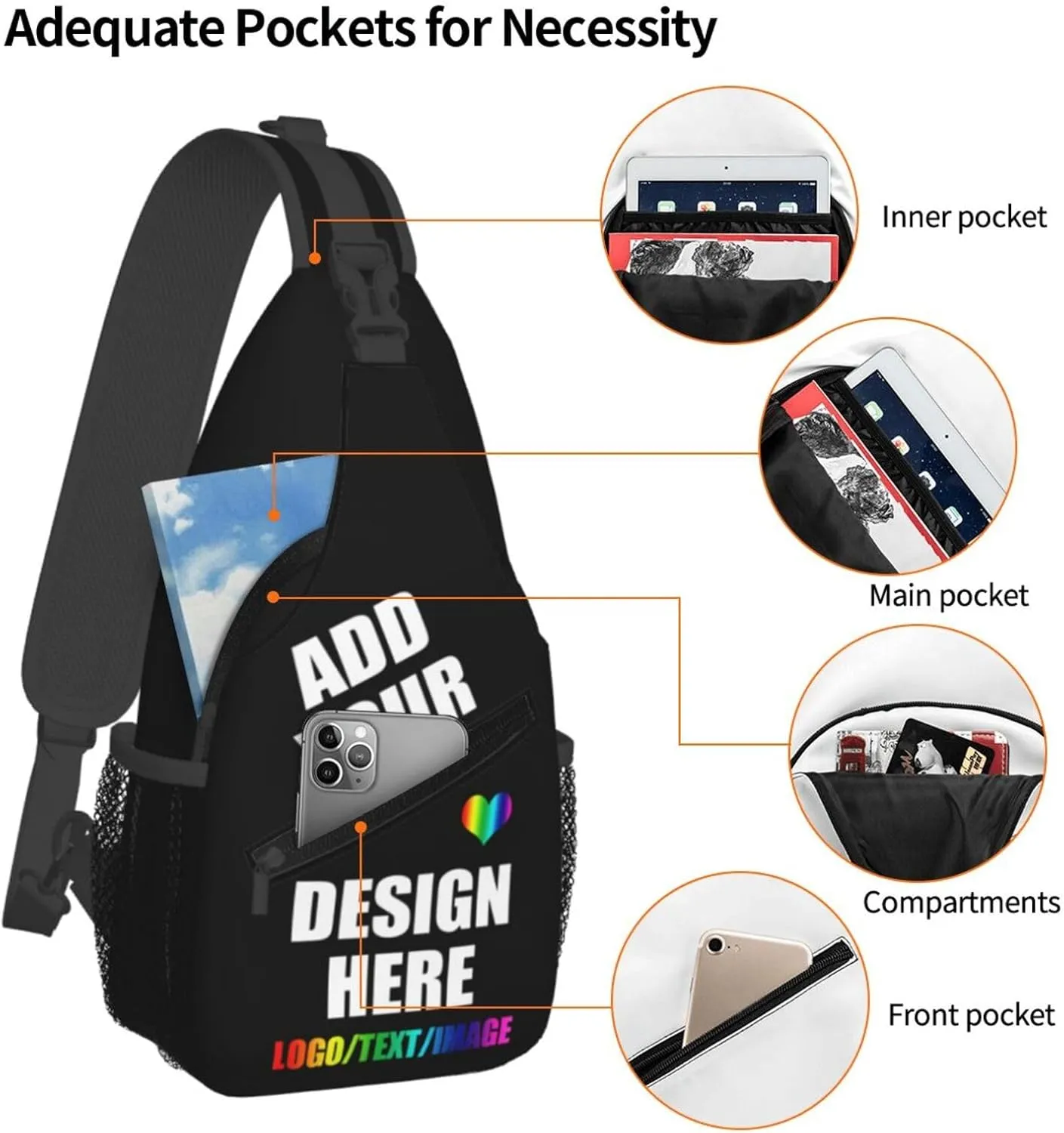 Sling Bag For Women Men Personalized Crossbody Bags Customized Chest Bags Optional Color Design with Name Logo Text or Image Here
