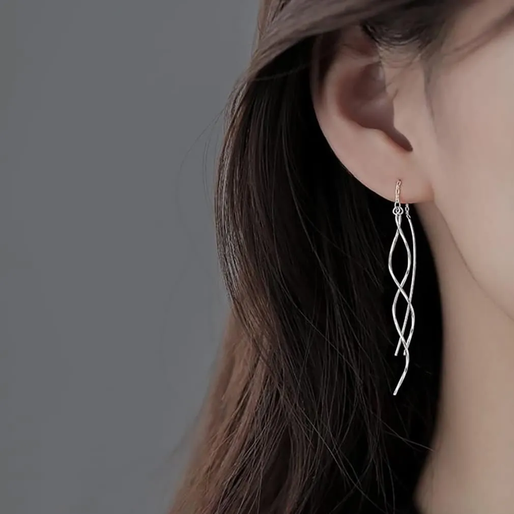 SLUYNZ Sterling Silver Curve Dangle Earrings for Women Teens Wave Dangle Earrings Threader Tassel