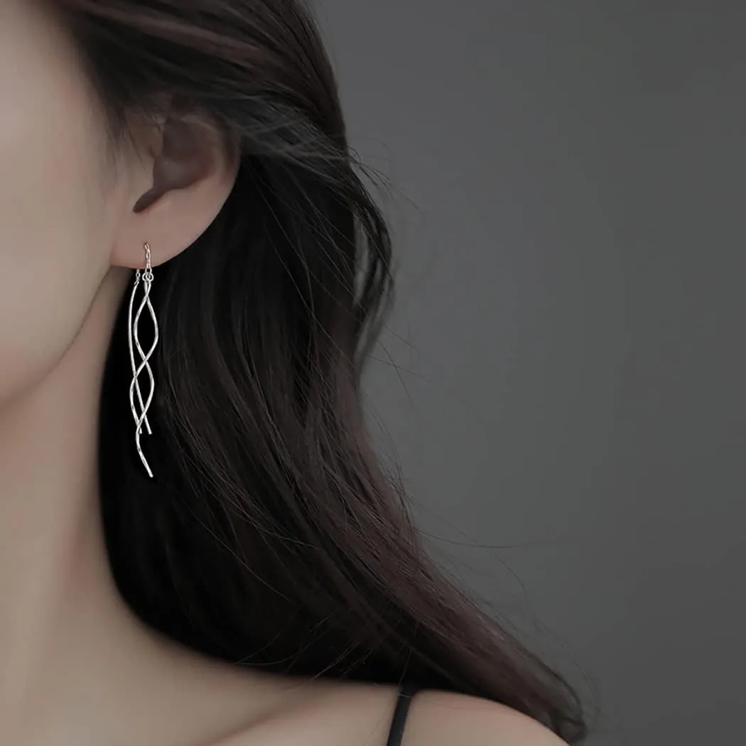 SLUYNZ Sterling Silver Curve Dangle Earrings for Women Teens Wave Dangle Earrings Threader Tassel