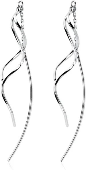 SLUYNZ Sterling Silver Curve Dangle Earrings for Women Teens Wave Dangle Earrings Threader Tassel