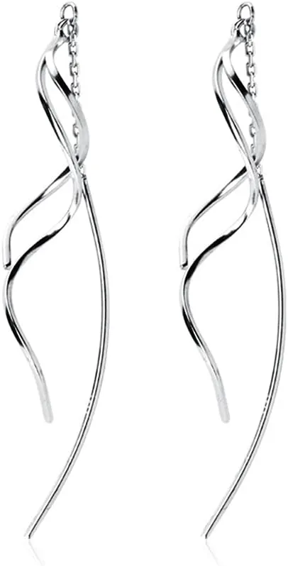 SLUYNZ Sterling Silver Curve Dangle Earrings for Women Teens Wave Dangle Earrings Threader Tassel