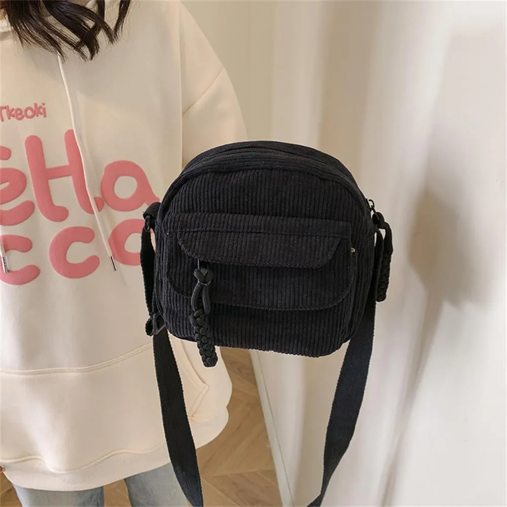 Small Corduroy Crossbody Bag Multi Pockets Hobo Satchel Handbag Mini Casual Corduroy Shoulder Mobile Phone Purse (Black)