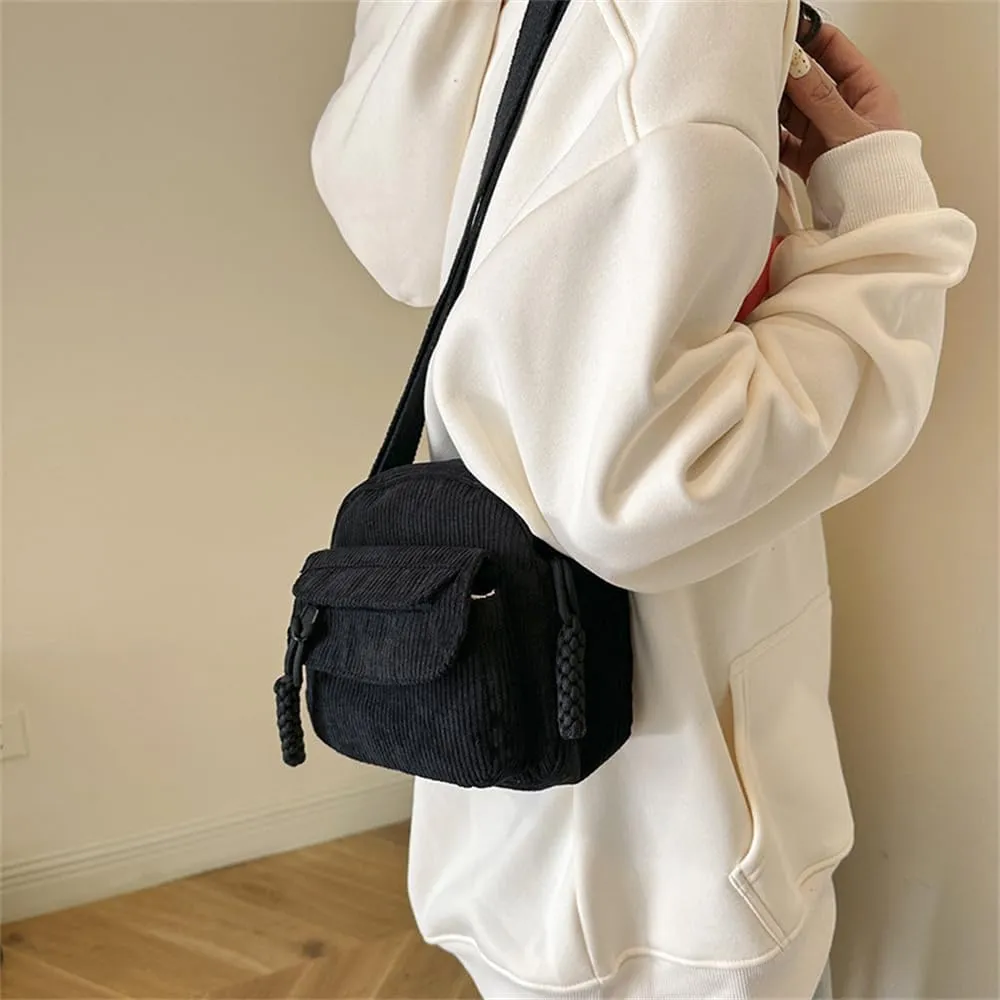 Small Corduroy Crossbody Bag Multi Pockets Hobo Satchel Handbag Mini Casual Corduroy Shoulder Mobile Phone Purse (Black)