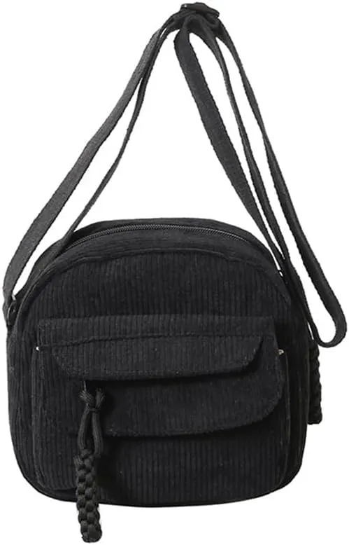 Small Corduroy Crossbody Bag Multi Pockets Hobo Satchel Handbag Mini Casual Corduroy Shoulder Mobile Phone Purse (Black)