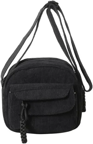 Small Corduroy Crossbody Bag Multi Pockets Hobo Satchel Handbag Mini Casual Corduroy Shoulder Mobile Phone Purse (Black)