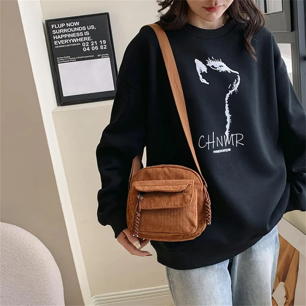 Small Corduroy Crossbody Bag Multi Pockets Hobo Satchel Handbag Mini Casual Corduroy Shoulder Mobile Phone Purse (Brown)