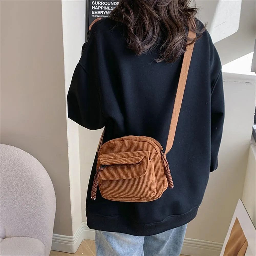 Small Corduroy Crossbody Bag Multi Pockets Hobo Satchel Handbag Mini Casual Corduroy Shoulder Mobile Phone Purse (Brown)