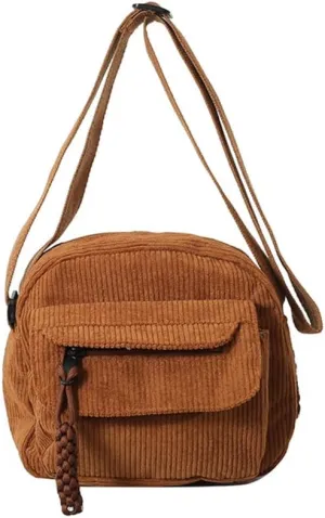 Small Corduroy Crossbody Bag Multi Pockets Hobo Satchel Handbag Mini Casual Corduroy Shoulder Mobile Phone Purse (Brown)
