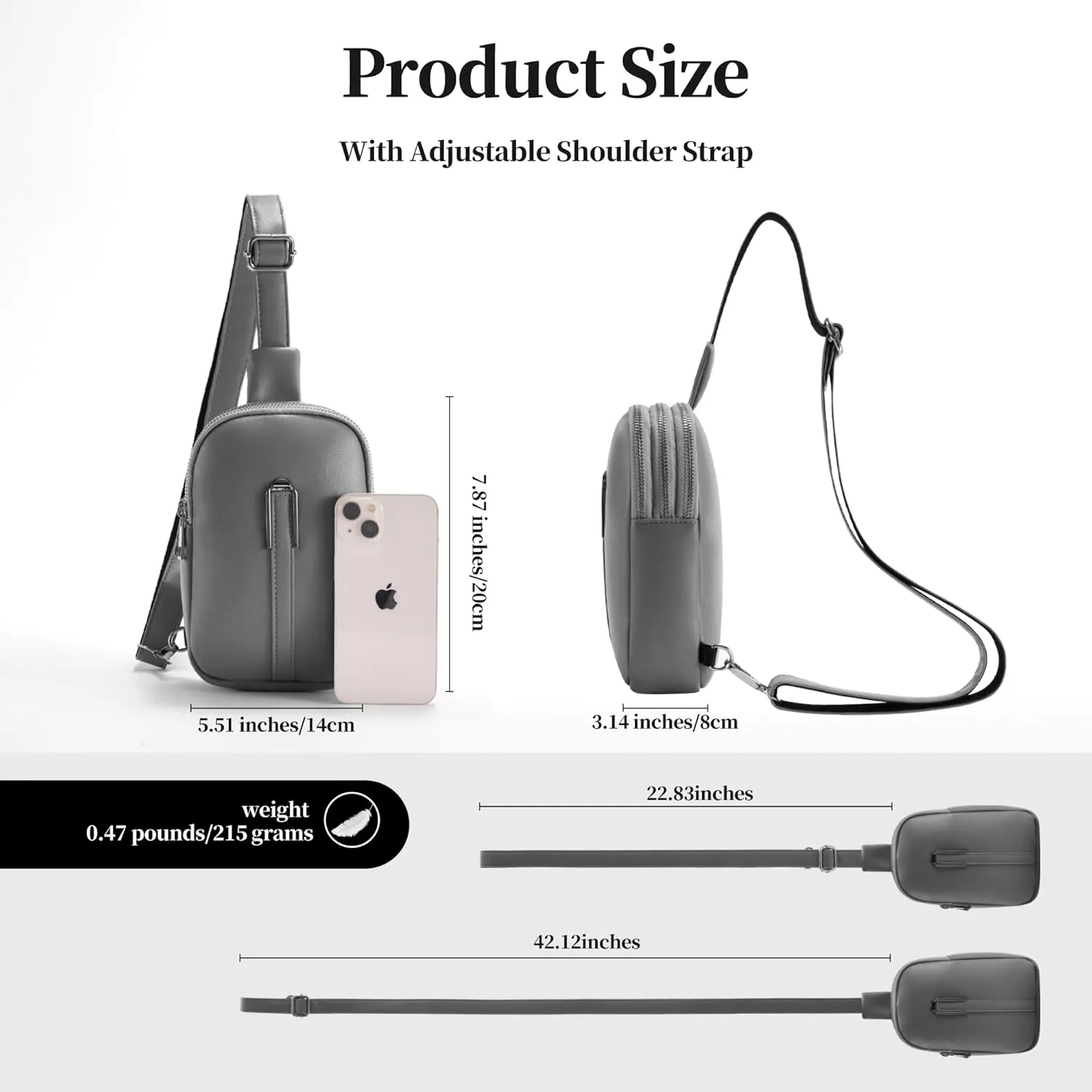 Small Crossbody Bag for Women Men, Grey PU Leather, Adjustable Strap, Zipper Pockets, Practical Chest Bag, Travel Purse