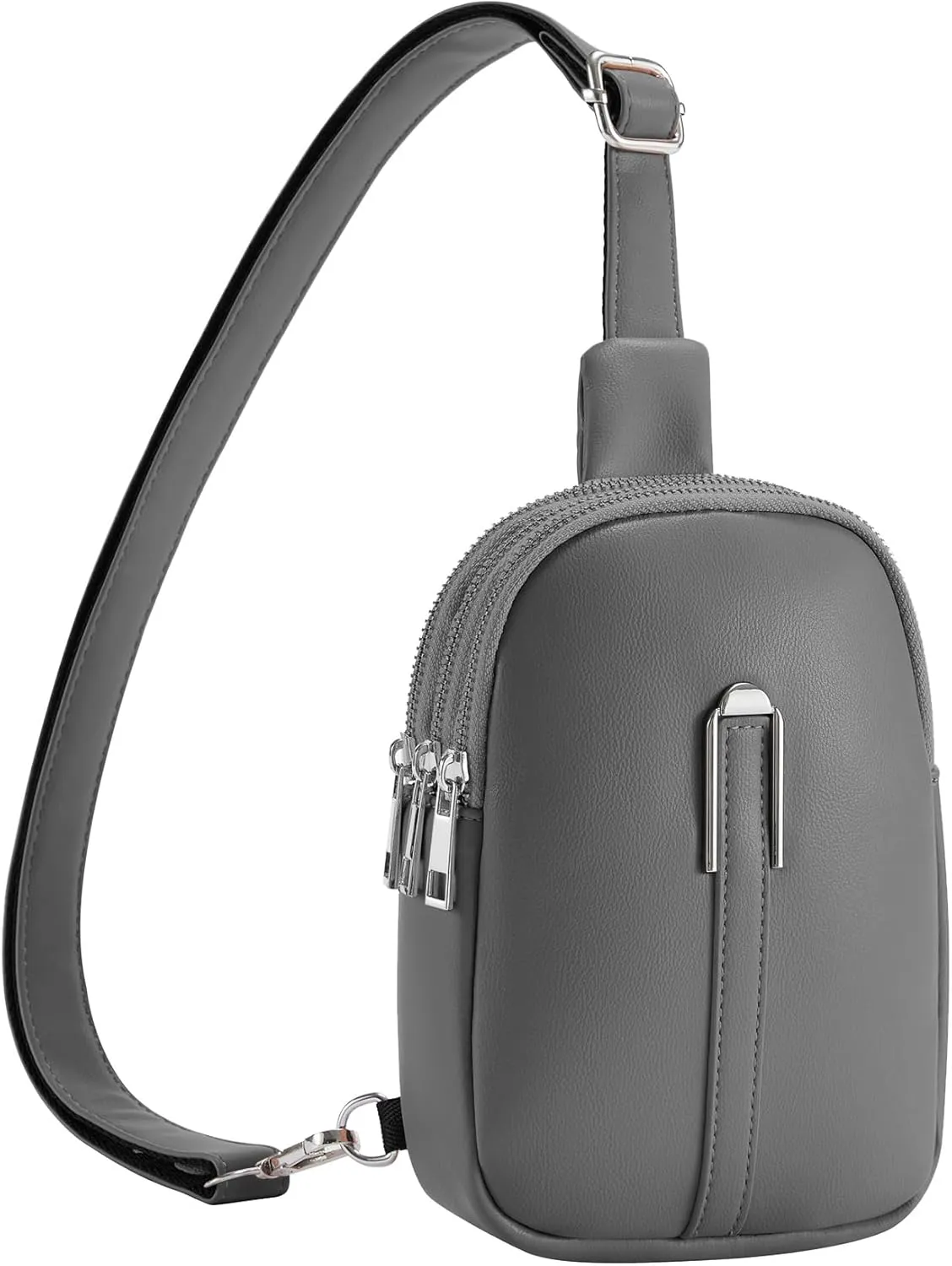 Small Crossbody Bag for Women Men, Grey PU Leather, Adjustable Strap, Zipper Pockets, Practical Chest Bag, Travel Purse