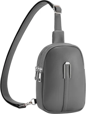 Small Crossbody Bag for Women Men, Grey PU Leather, Adjustable Strap, Zipper Pockets, Practical Chest Bag, Travel Purse