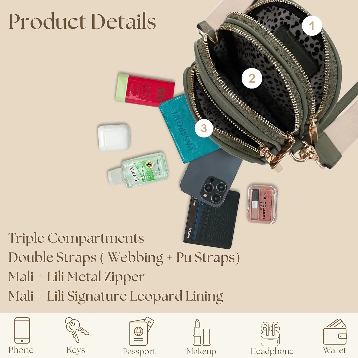 Small Crossbody Bag for Women, Triple Compartment Shoulder Bag with Double Strap
