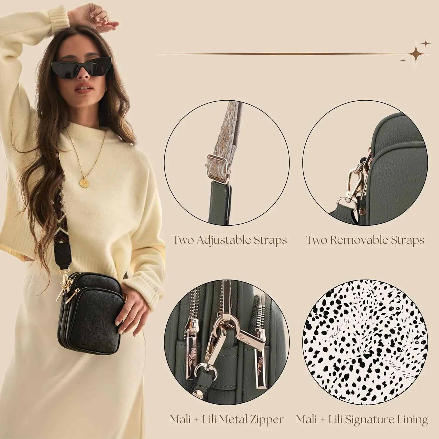 Small Crossbody Bag for Women, Triple Compartment Shoulder Bag with Double Strap