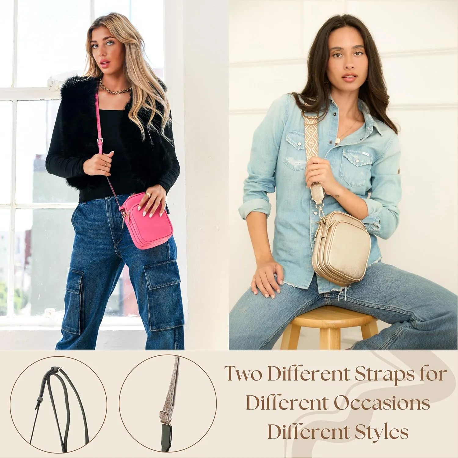 Small Crossbody Bag for Women, Triple Compartment Shoulder Bag with Double Strap