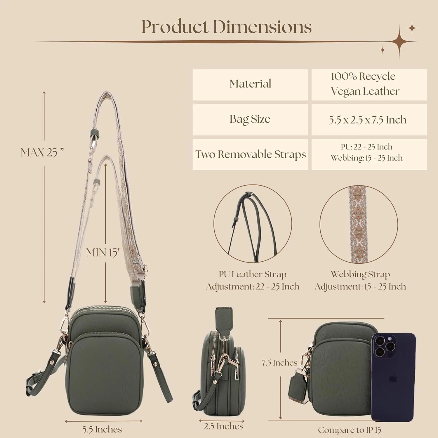 Small Crossbody Bag for Women, Triple Compartment Shoulder Bag with Double Strap