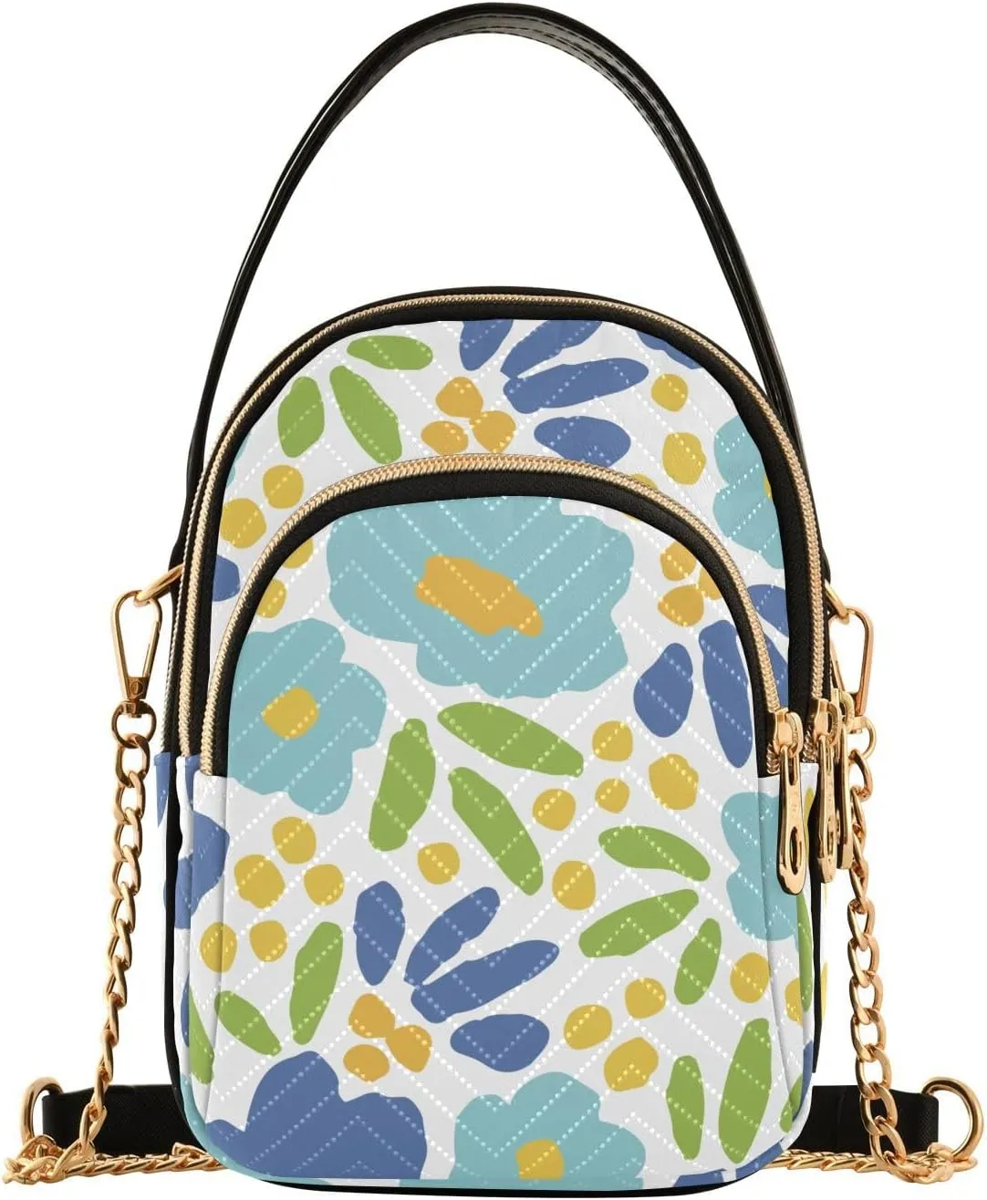 Small Crossbody Bags Bright Blue Flowers Green Leaves Shoulder Bag for Women Quilted Wave Cross Body Bag