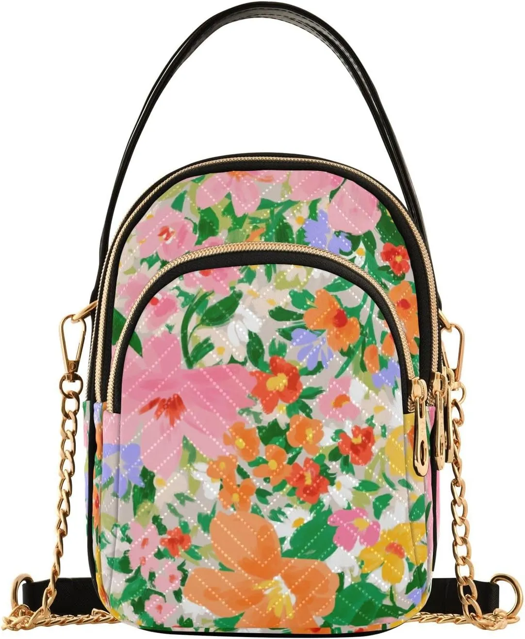 Small Crossbody Bags Bright Colorful Flowers Leaves Shoulder Bag for Women Quilted Wave Cross Body Bag