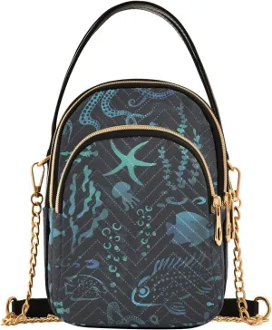 Small Crossbody Bags Marine Animals Fishes Blue Shoulder Bag for Women Quilted Wave Cross Body Bag