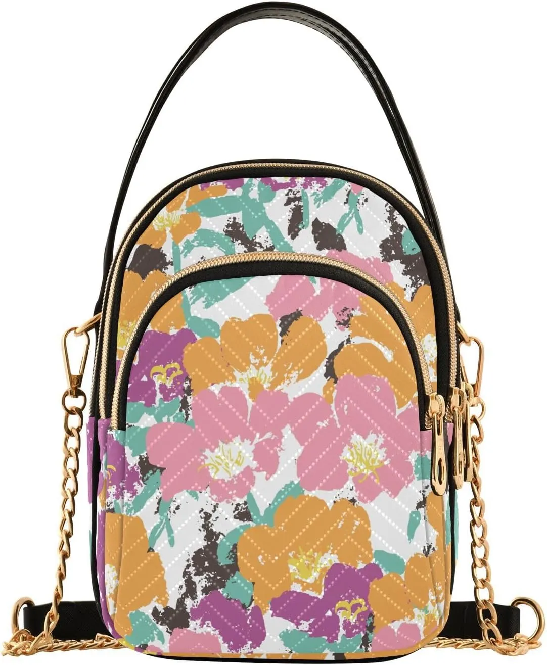 Small Crossbody Bags Orange Pink Purple Flowers Shoulder Bag for Women Quilted Wave Cross Body Bag