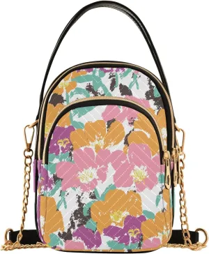 Small Crossbody Bags Orange Pink Purple Flowers Shoulder Bag for Women Quilted Wave Cross Body Bag