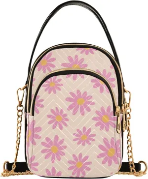 Small Crossbody Bags Pink Daisy Flowers Shoulder Bag for Women Quilted Wave Cross Body Bag