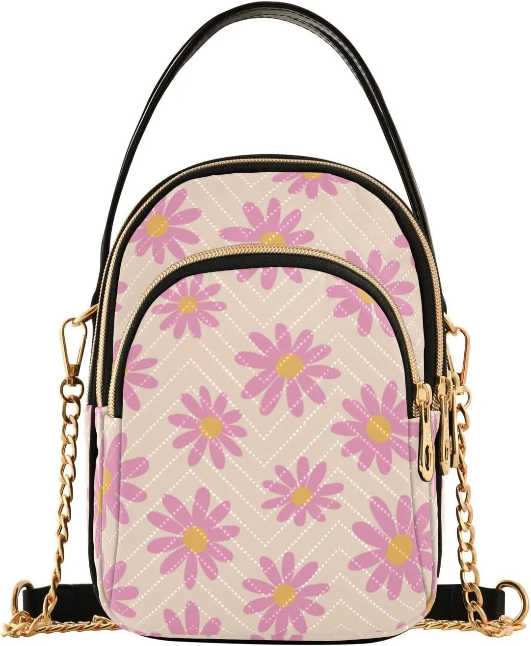 Small Crossbody Bags Pink Daisy Flowers Shoulder Bag for Women Quilted Wave Cross Body Bag