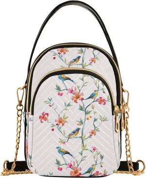 Small Crossbody Bags Spring Flowers Birds Shoulder Bag for Women Quilted Wave Cross Body Bag