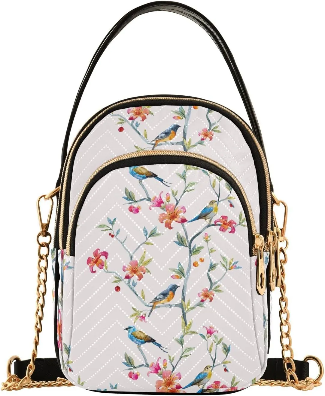 Small Crossbody Bags Spring Flowers Birds Shoulder Bag for Women Quilted Wave Cross Body Bag