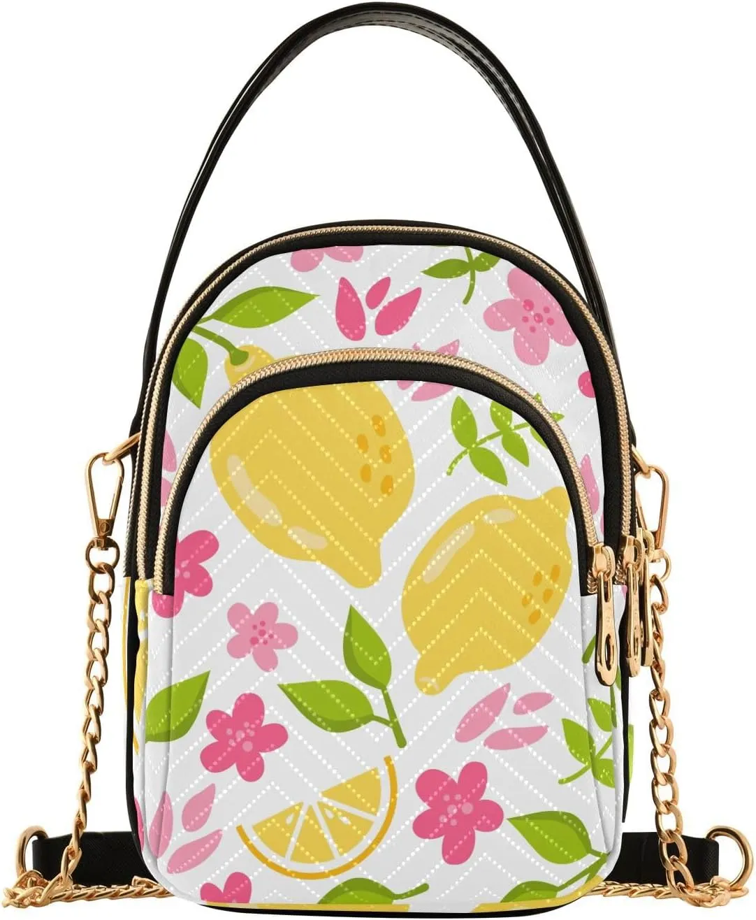 Small Crossbody Bags Summer Lemon Pink Flowers Shoulder Bag for Women Quilted Wave Cross Body Bag