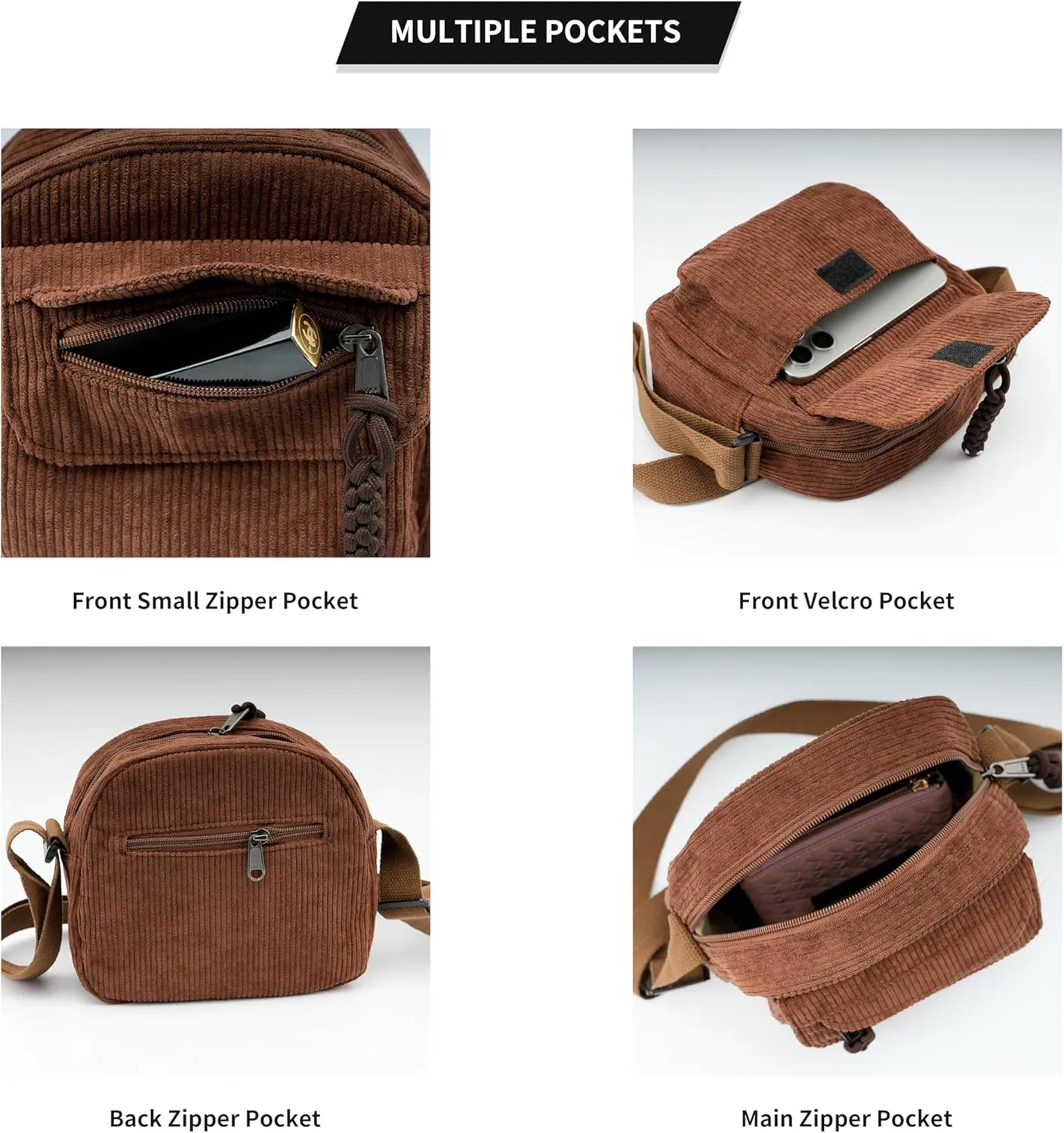 Small Cute Corduroy Crossbody Bag Mini Shoulder Bag Handbags Purse with Zipper Pocket