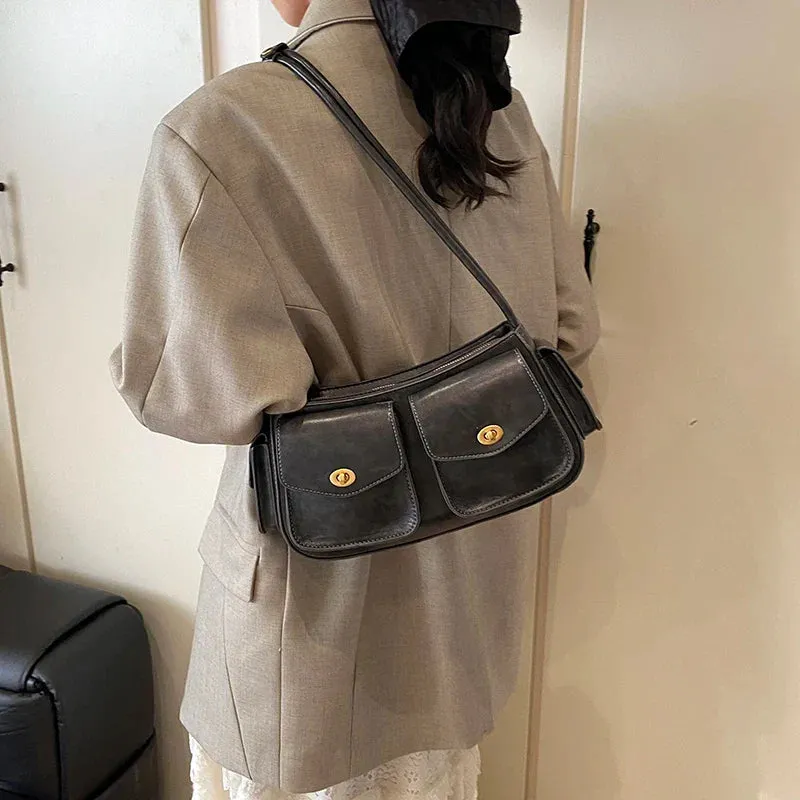 Small Faux Leather Double Pockets Crossbody Bags