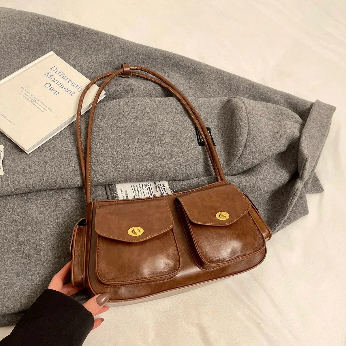 Small Faux Leather Double Pockets Crossbody Bags