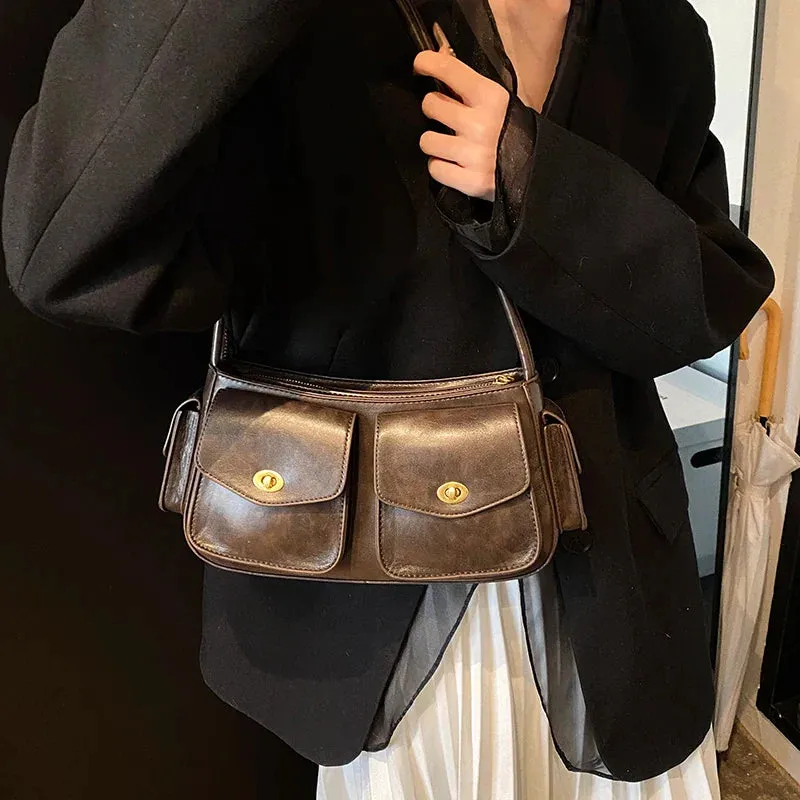 Small Faux Leather Double Pockets Crossbody Bags
