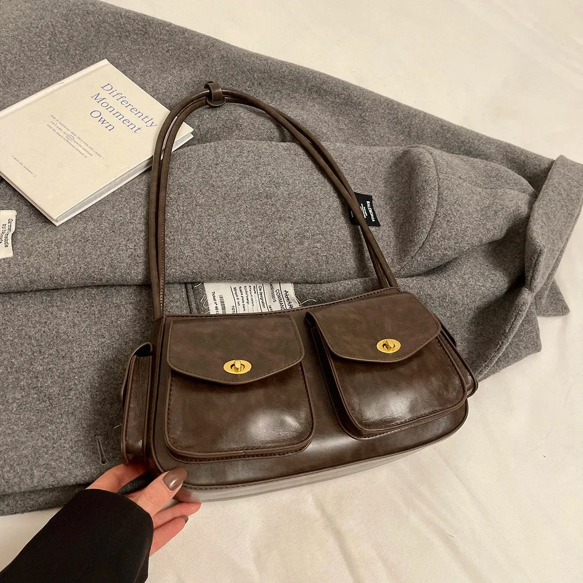 Small Faux Leather Double Pockets Crossbody Bags