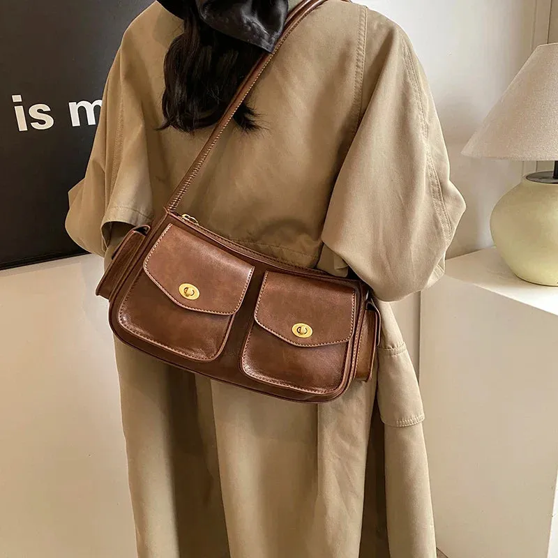 Small Faux Leather Double Pockets Crossbody Bags