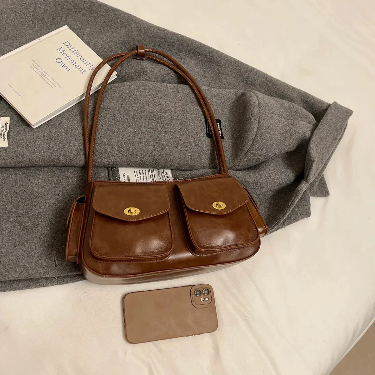 Small Faux Leather Double Pockets Crossbody Bags