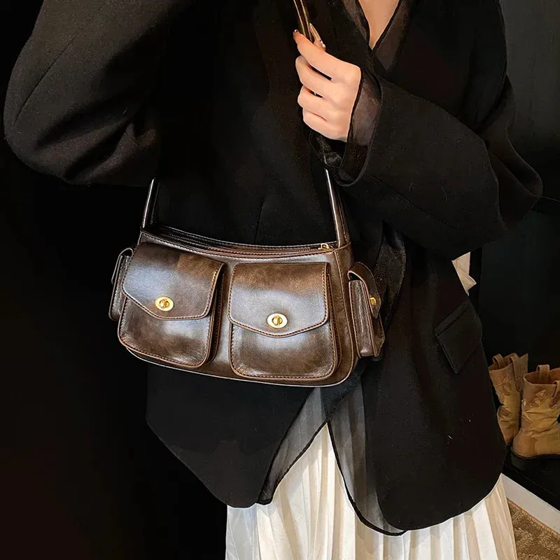 Small Faux Leather Double Pockets Crossbody Bags