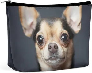 Small Makeup Bag for Purse, Female Portable PU Leather Cosmetic Zipper Pouch Cute Funny Chihuahua Dog Waterproof Travel Toiletry Organizer Bags