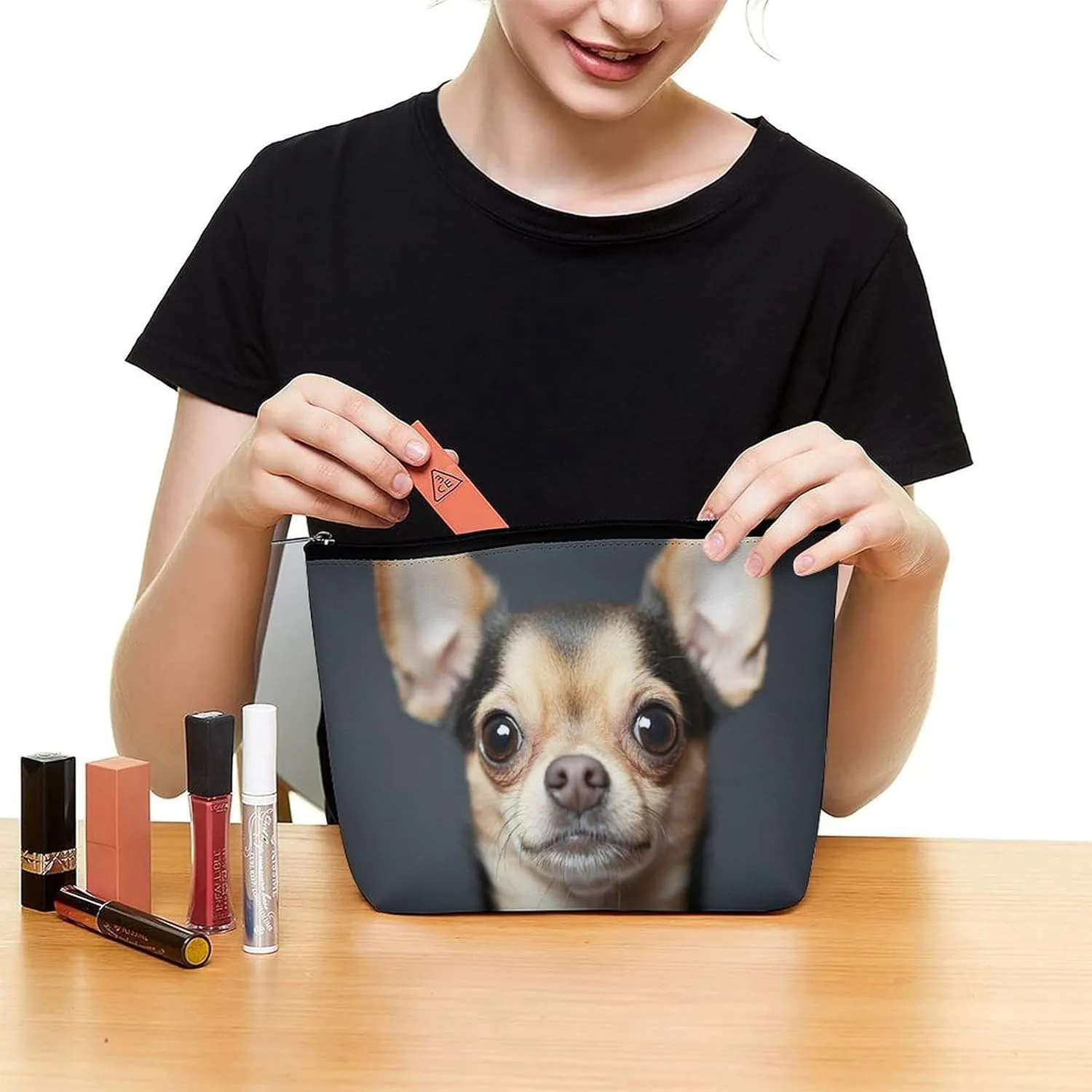 Small Makeup Bag for Purse, Female Portable PU Leather Cosmetic Zipper Pouch Cute Funny Chihuahua Dog Waterproof Travel Toiletry Organizer Bags