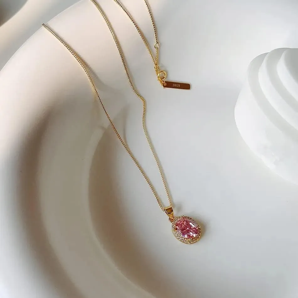Small Pink Crystal Pendant Clavicle Chain Necklace Women Jewelry Gift Watch Strap