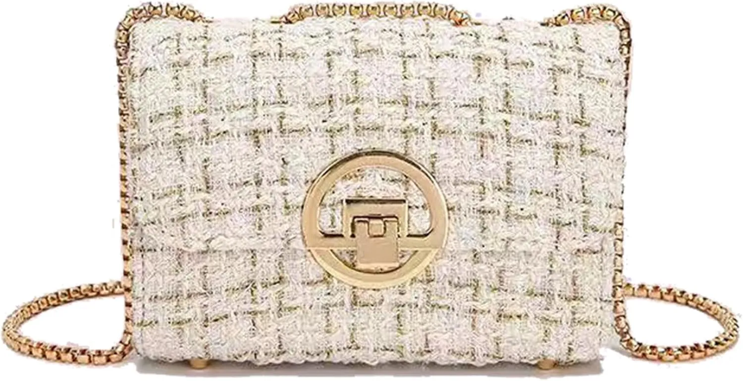 Small Quilted Crossbody Bag for Women, Designer Trendy Chain Clutch Mini Evening Shoulder Bag, Tweed Purse for Women