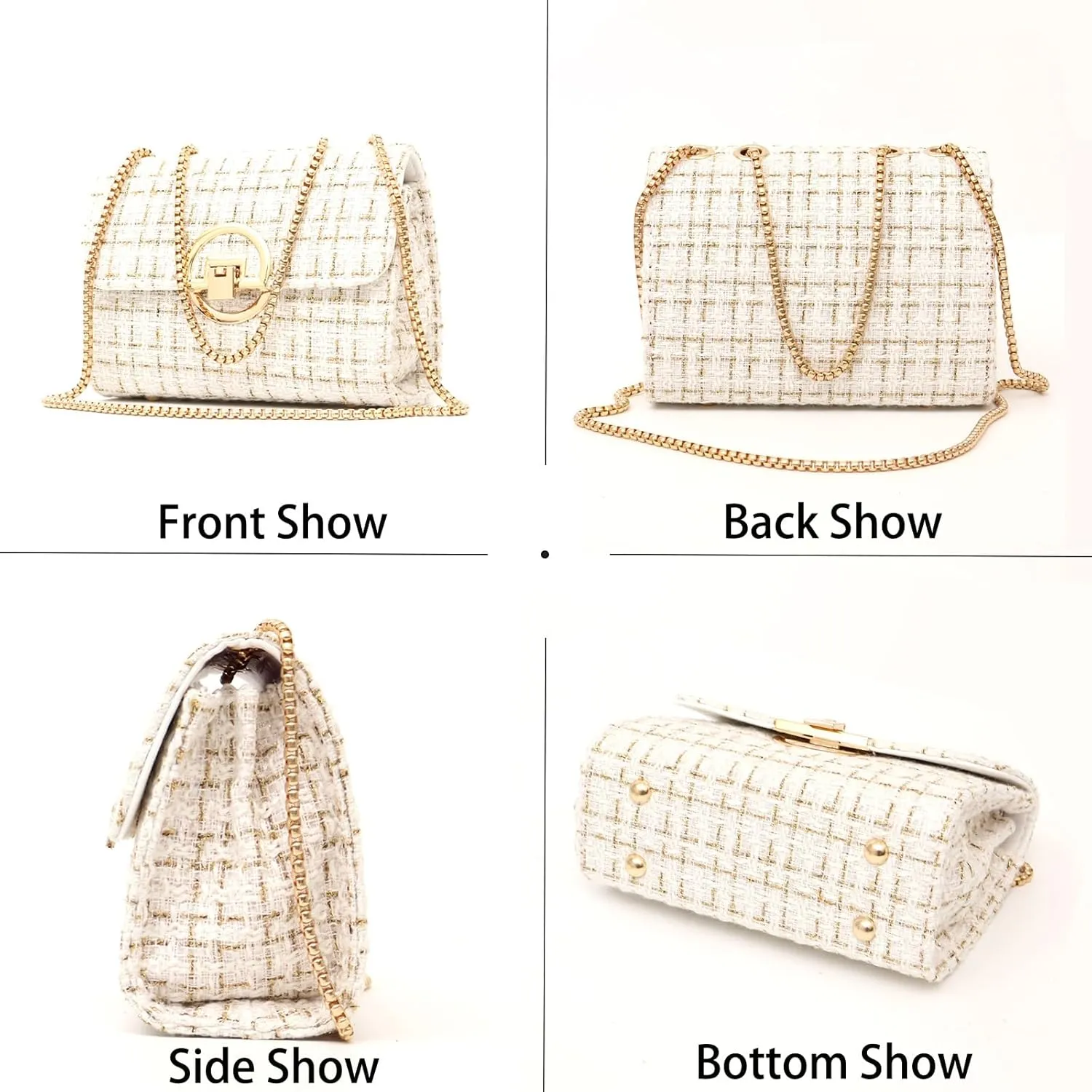 Small Quilted Crossbody Bag for Women, Designer Trendy Chain Clutch Mini Evening Shoulder Bag, Tweed Purse for Women