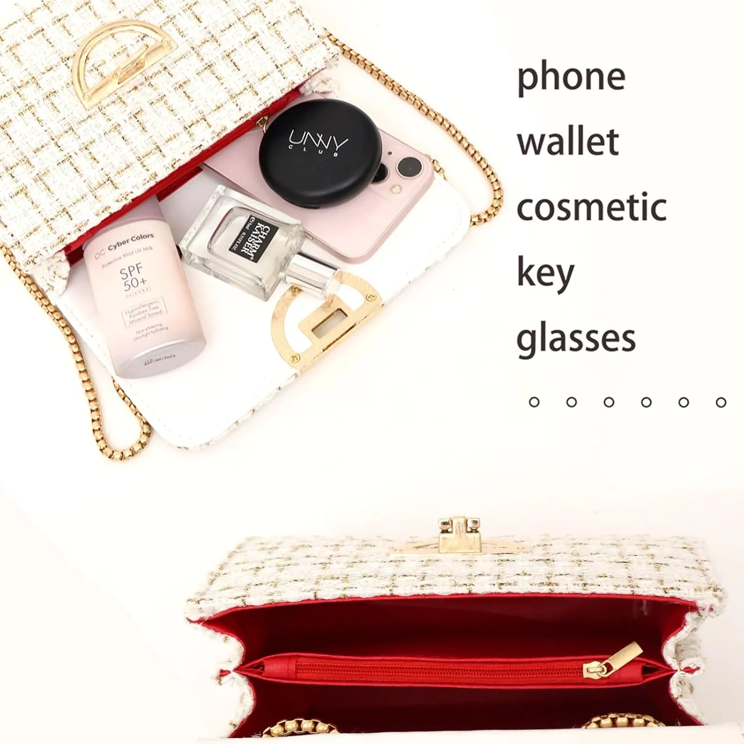 Small Quilted Crossbody Bag for Women, Designer Trendy Chain Clutch Mini Evening Shoulder Bag, Tweed Purse for Women